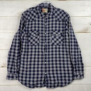 Ruff Hewn Shirt Mens M Long Sleeve Pearl Snap Blue Check Plaid Woved Heavyweight